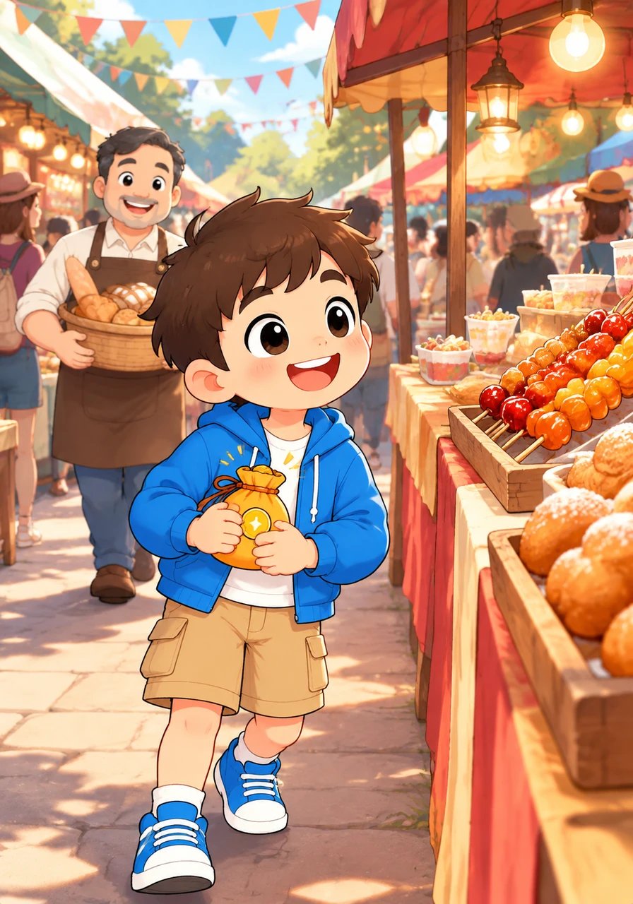 Beni melangkah penuh semangat menuju Pasar Festival Makanan dengan kantong uang saku yang berdenting riang. Perutnya berbunyi nyaring, dan matanya berbinar-binar melihat deretan kedai makanan yang berwarna-warni. Ia berniat menghabiskan seluruh koinnya untuk membeli makanan kesukaannya.