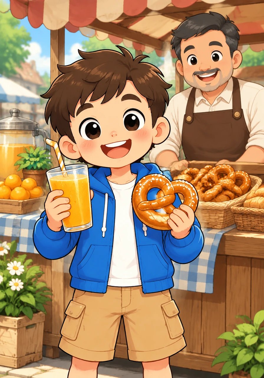 Beni memutuskan untuk membagi sisa uangnya secara bijaksana. Ia membeli segelas jus jeruk dingin yang asam manis dan sepotong pretzel hangat bersalut garam halus. Beni mengganti strateginya agar bisa merasakan berbagai jenis kenikmatan yang berbeda.