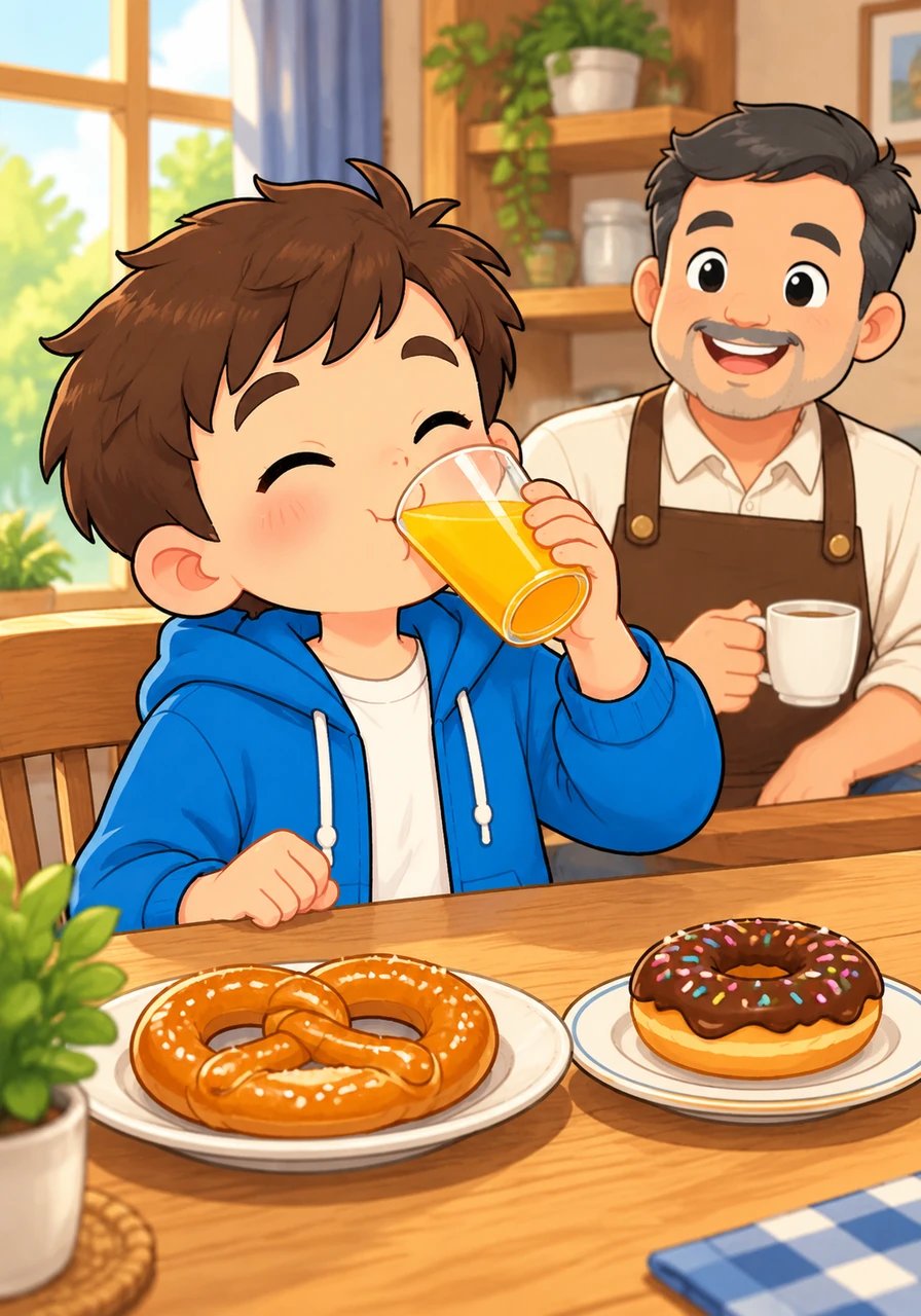 Tegukan pertama jus jeruk segar langsung memuaskan rasa dahaganya, sementara pretzel gurih melengkapi rasa manis donat yang tadi ia makan. Kombinasi makanan dan minuman ini memberikan rasa bahagia dan kepuasan yang jauh lebih seimbang dan maksimal.