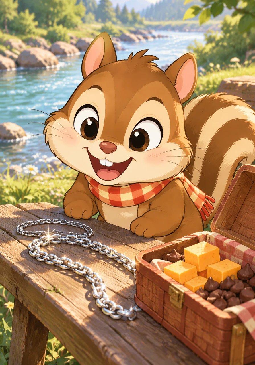 Wandering along a winding channel near the river, Charlie spotted a shiny silver chain sparkling on a wooden bench. Beside the bench sat a cozy box filled with cheddar cheese and sweet chocolate chips. His whiskers twitched with excitement as he took a quick check of the mysterious stash.