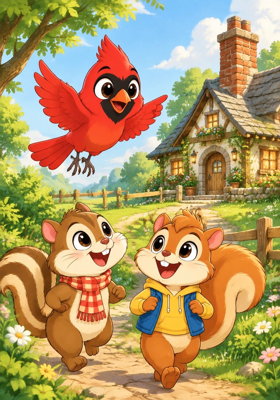 Suddenly, a cheerful cardinal named Chip flew down, chirping merrily to greet his furry friend. Chip pointed his beak toward an old brick chimney standing near a cozy little cottage on the hill. They decided to march together toward the cottage to see what other surprises were waiting.