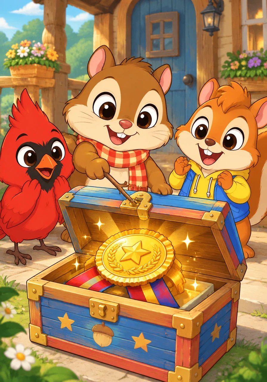 Near the cottage porch, they found a brightly painted wooden chest sealed with a shiny brass latch. Charlie used a small twig to reach the latch, causing the wooden chest to pop open with a delightful chime. Inside lay a giant golden medal shaped like a champion ribbon.