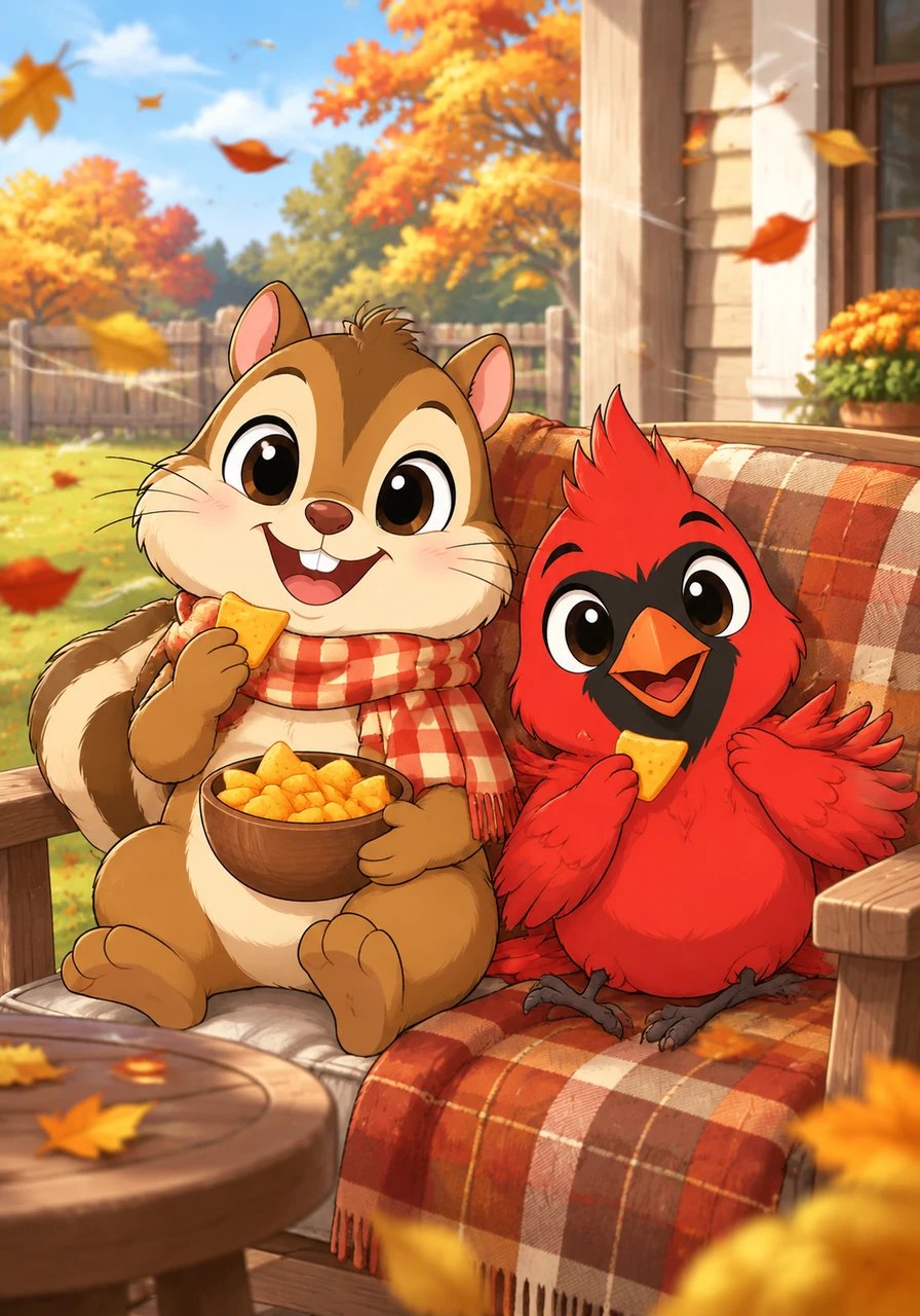Just then, a chilly breeze swept through the yard, making the leaves chase each other across the grass. Charlie wrapped a warm checkered scarf around his neck to stay cozy while Chip flapped his wings to keep warm. They sat together on a porch chair, munching on delicious cheddar cheese snacks.