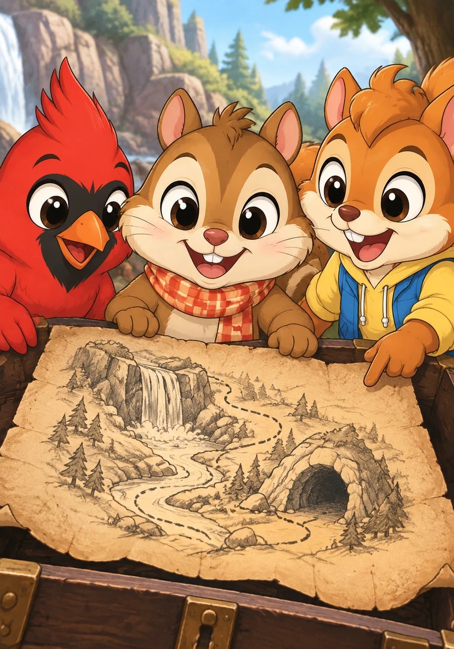 Looking closer inside the chest, Charlie discovered a whimsical map drawn with charcoal on rough parchment. The map showed a path leading past a roaring waterfall and into a dark, mysterious cave called Echo Chamber. Eager for adventure, the two friends decided to choose the path forward and explore.