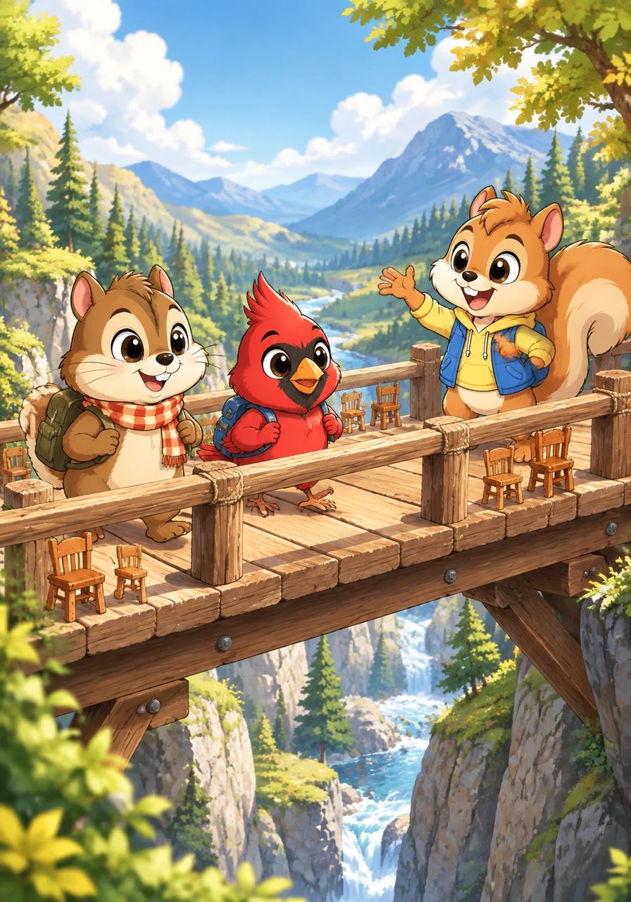 Along the trail, they had to cross a chasm over a sturdy wooden bridge with wooden chairs lined up along the railing. A friendly chatterbox squirrel named Chester greeted them warmly and offered to guide them safely across. Chester cheered them on as they carefully marched one step at a time.