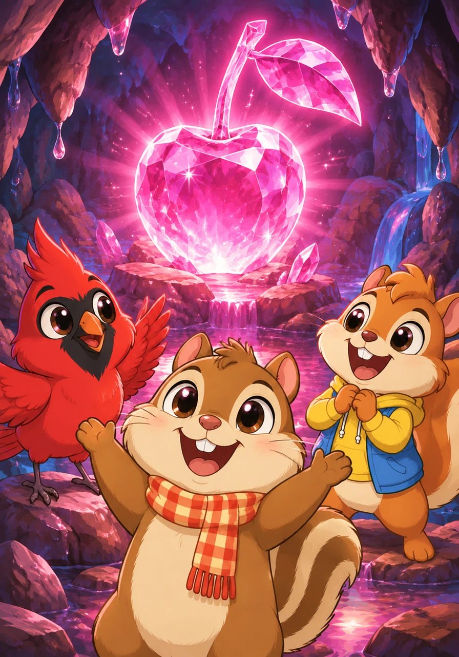 Entering the cave, the air was cool and crisp, filled with the enchanting echo of trickling water drops. Deep inside, they found a glowing crystal shaped like a giant cherry that illuminated the entire chamber with pink light. The dazzling light brought a wide grin to Charlie's cheeks as he cheered in awe.