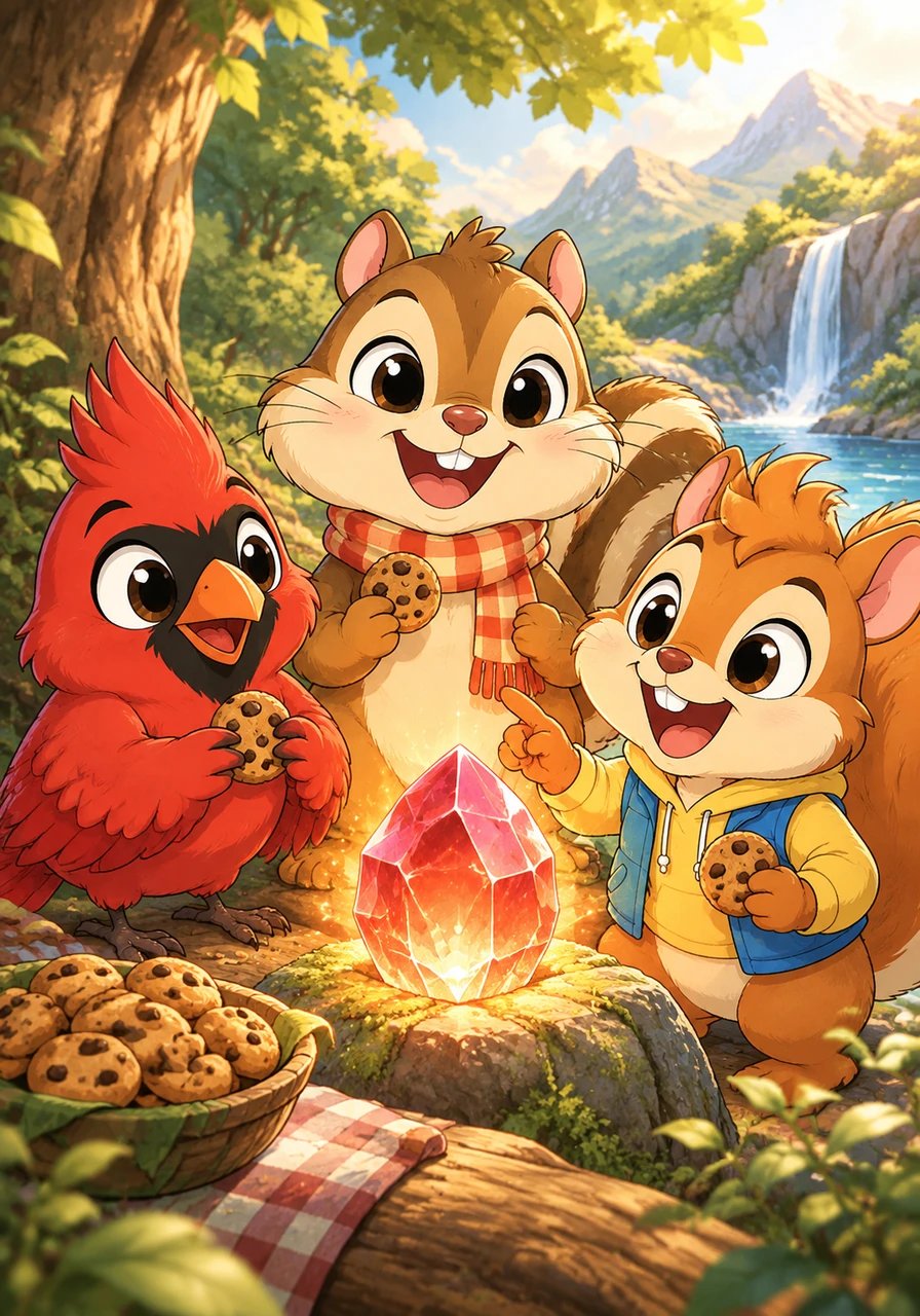 Feeling accomplished, the three companions gathered around the glowing cherry crystal to celebrate their fun journey. They shared stories, munched on crunchy chocolate chips, and laughed merrily until their bellies ached. It was the most charming afternoon any of them had ever experienced.