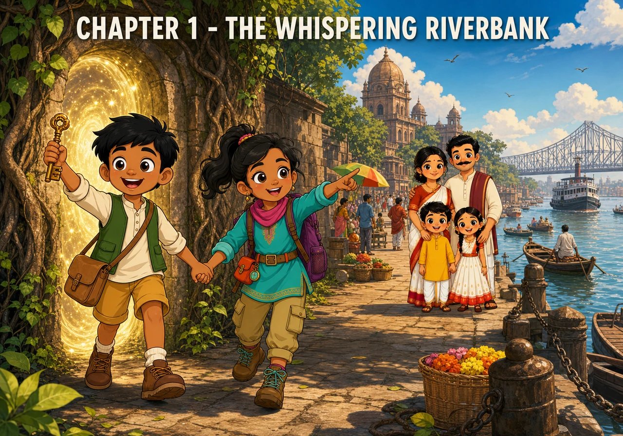 Chapter 1 - The Whispering Riverbank. In the bustling and vibrant city of Kolkata, the ever-curious Laha family spent a sunny afternoon exploring near