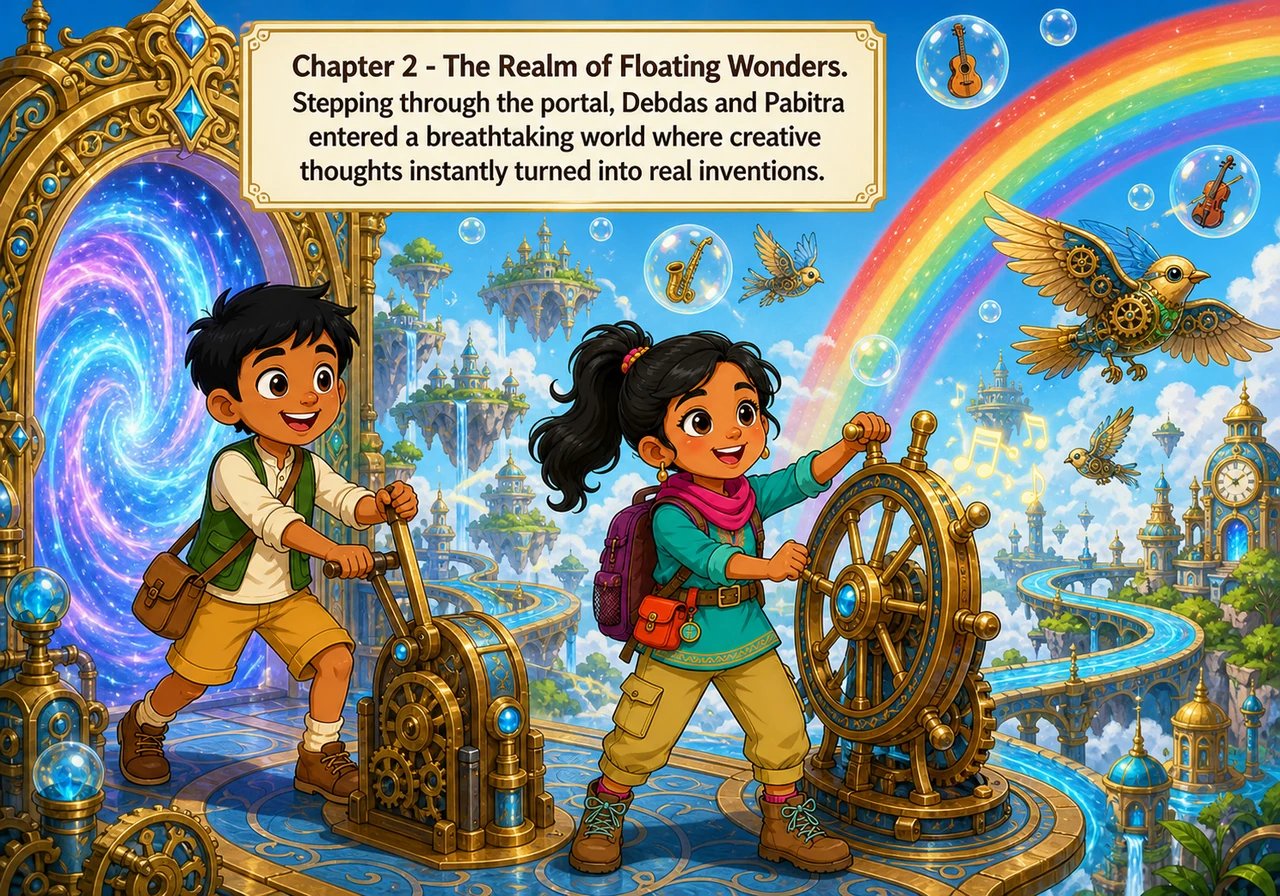 Chapter 2 - The Realm of Floating Wonders. Stepping through the portal, Debdas and Pabitra entered a breathtaking world where creative thoughts instan