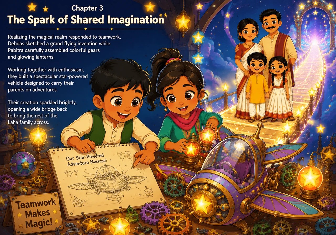 Chapter 3 - The Spark of Shared Imagination. Realizing the magical realm responded to teamwork, Debdas sketched a grand flying invention while Pabitra