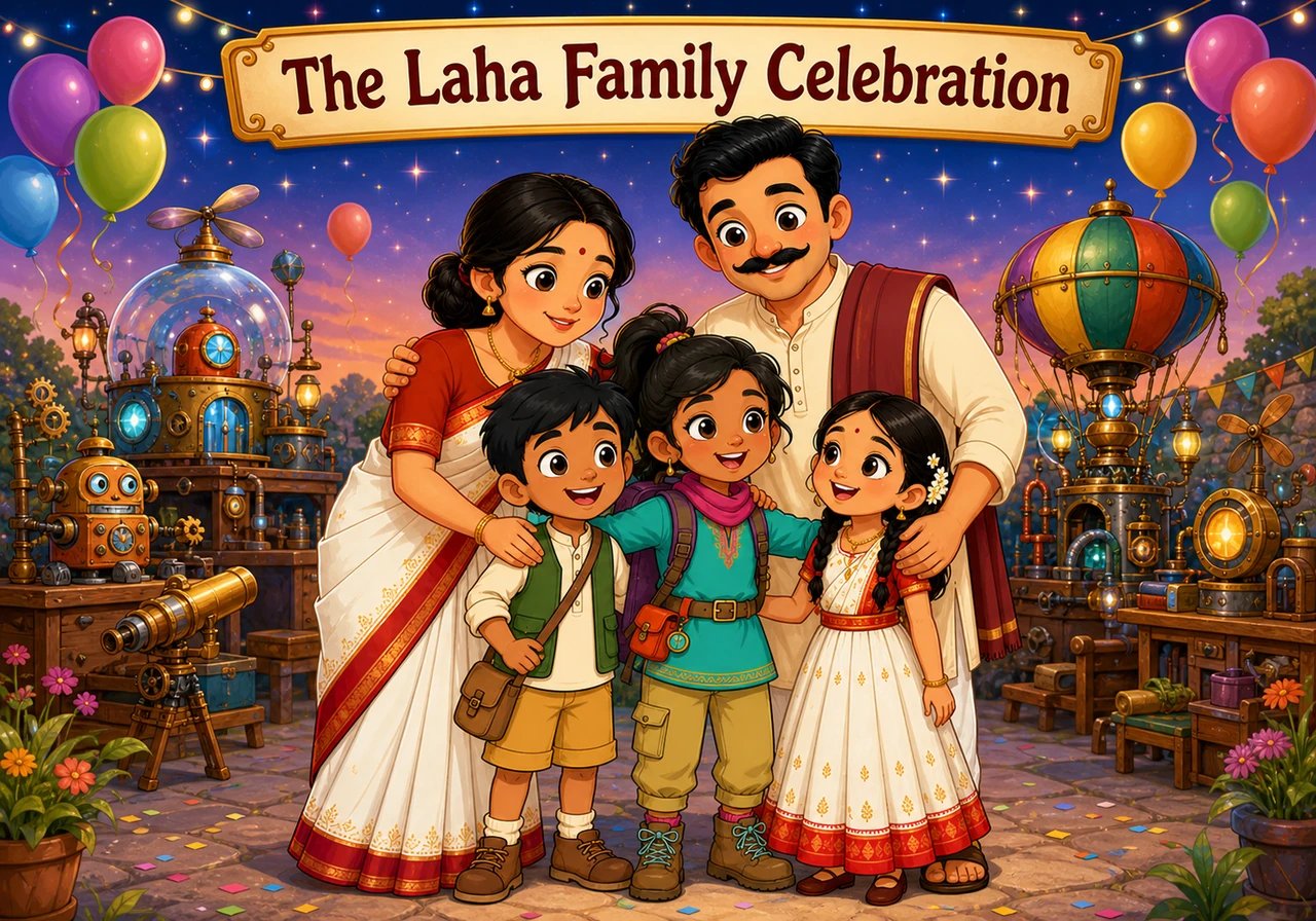 Chapter 4 - The Grand Family Celebration. Reunited in the whimsical realm of inventions, the entire Laha family gathered under a sky filled with twink
