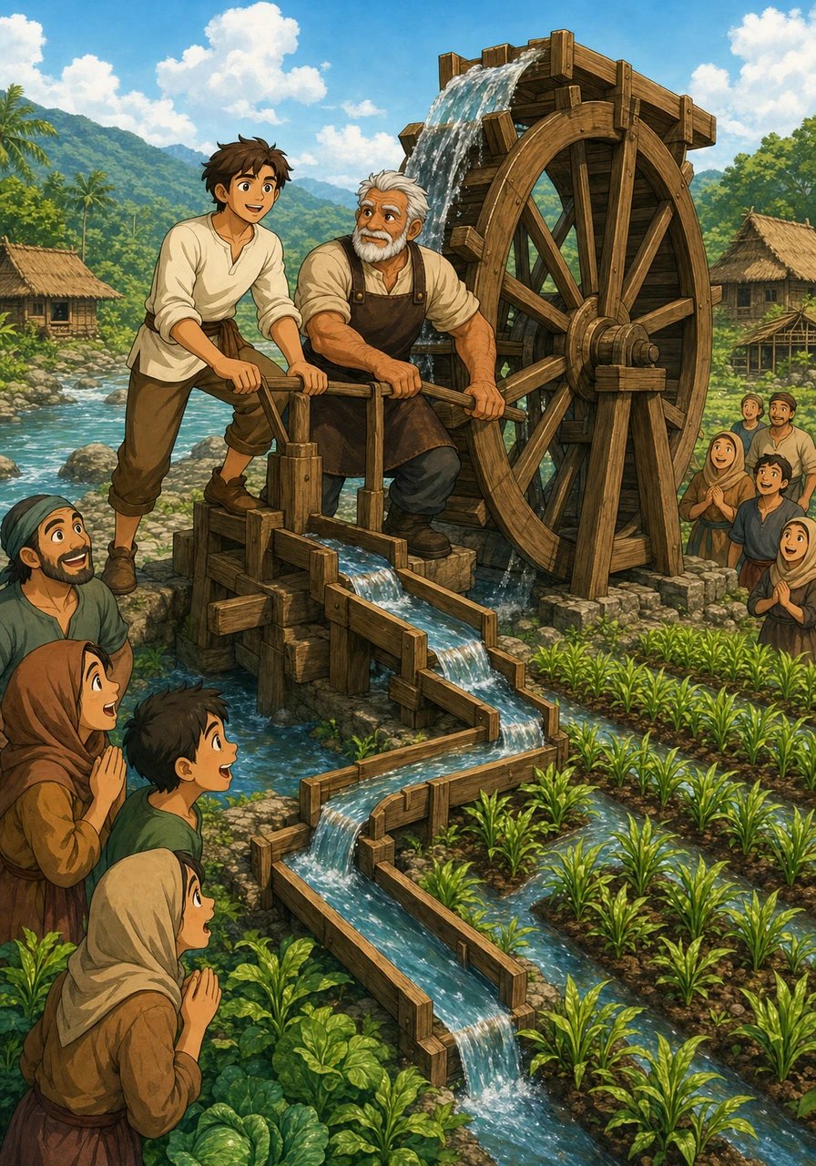 Dengan bantuan Pak Tua Baro, Elian mulai membangun kincir air raksasa dan sistem irigasi otomatis di sepanjang sungai desa. Alat-alat canggih ini mengalirkan air bersih ke seluruh ladang pertanian warga tanpa perlu menimba secara manual. Para penduduk desa terkagum-kagum melihat tanaman mereka tumbuh subur dan melimpah berkat teknologi baru tersebut.