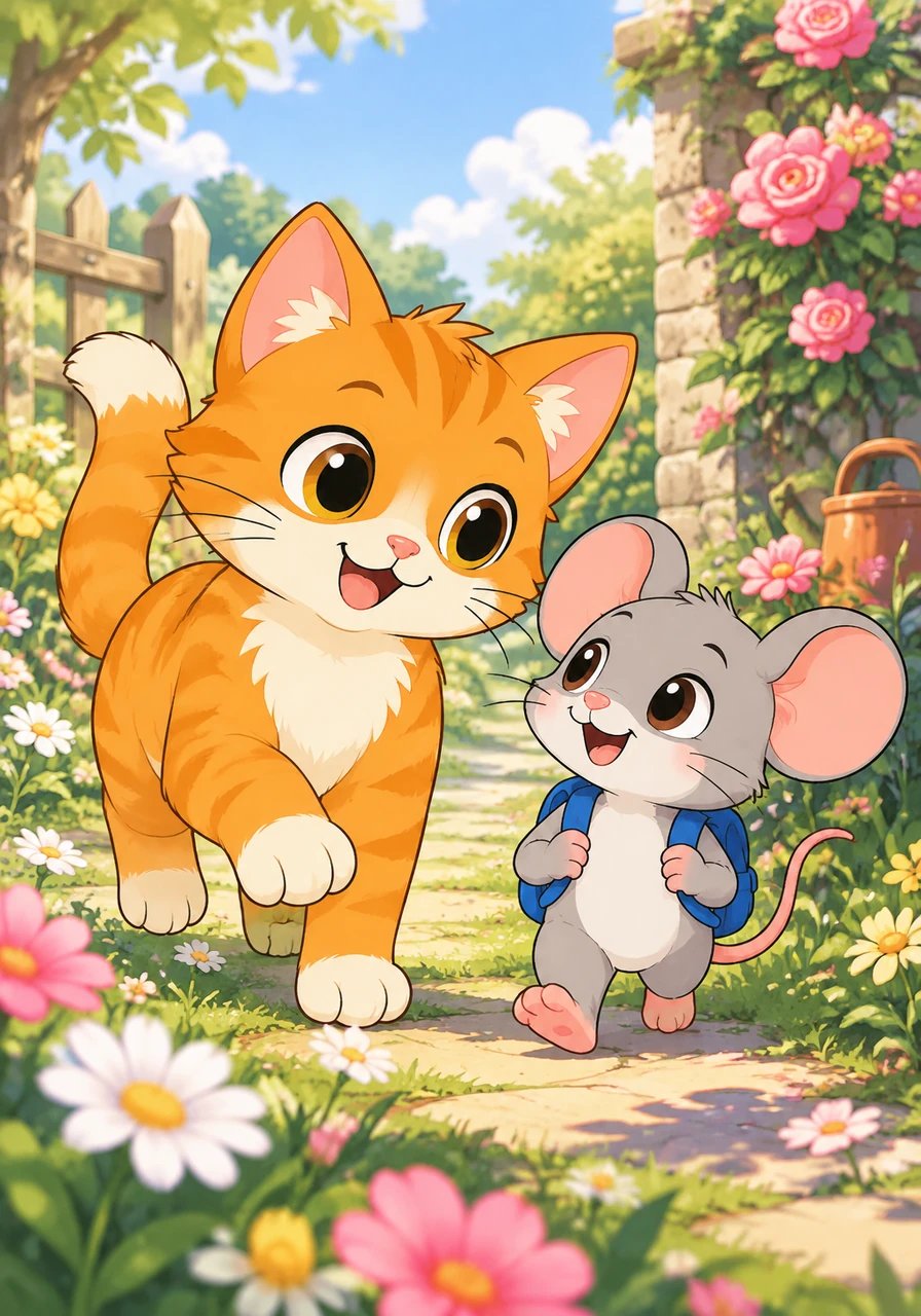 Bienvenidos a la historia de Milo y Tito: Una amistad inesperada. En un soleado y colorido jardín lleno de flores, Milo, un risueño gatito naranja, y Tito, un simpático ratoncito gris, se sonríen alegremente listos para compartir una gran aventura.