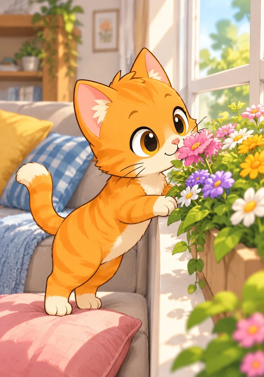 Milo es un pequeño gato de pelaje naranja brillante y muy curioso que vive en una casa acogedora. Le encanta investigar cada rincón, oler las flores del ventanal y curiosear entre los suaves cojines de la sala.