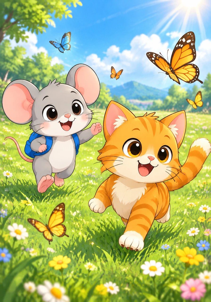 A partir de ese momento, Milo y Tito pasaron el día jugando juntos alegremente. Corrieron entre la hierba fresca, persiguieron mariposas de colores y rieron sin parar bajo el cálido sol.
