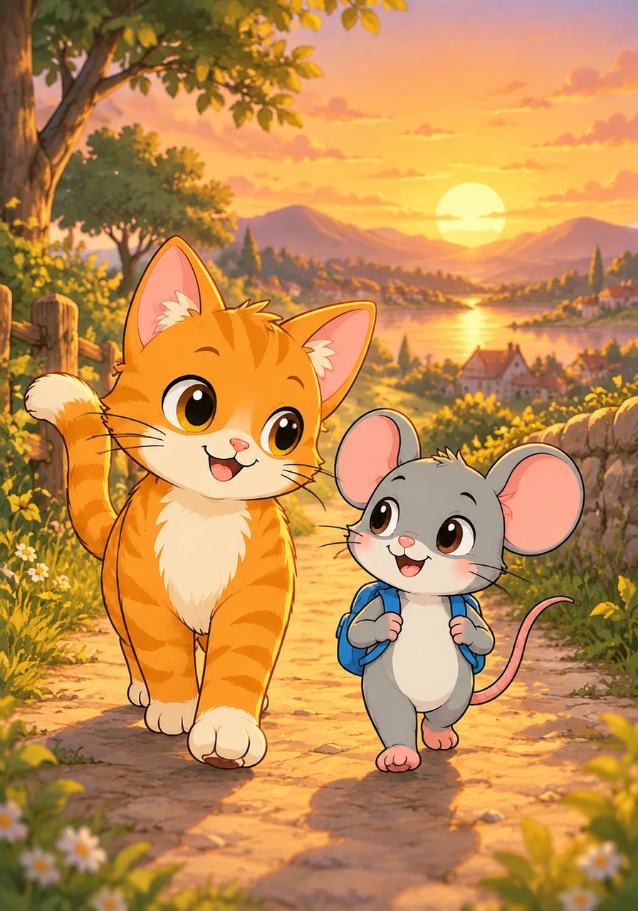 Al atardecer, Milo y Tito caminaron juntos de regreso a casa con una gran sonrisa. Aprendieron que brindar ayuda a los demás y compartir con el corazón crea la amistad más bonita e inesperada de todas.