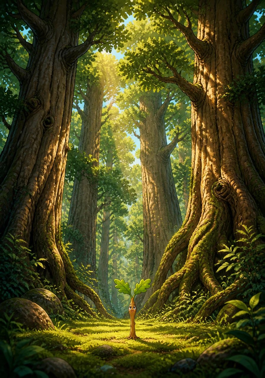 Deep in a sunlit forest clearing, a tiny oak sapling named Pip stretched his two bright green leaves toward the sky. All around him, magnificent forest giants swayed gracefully, casting long, cool shadows across the soft moss. Pip sighed, wishing with all his heart that he could be as tall and grand as the trees above him.