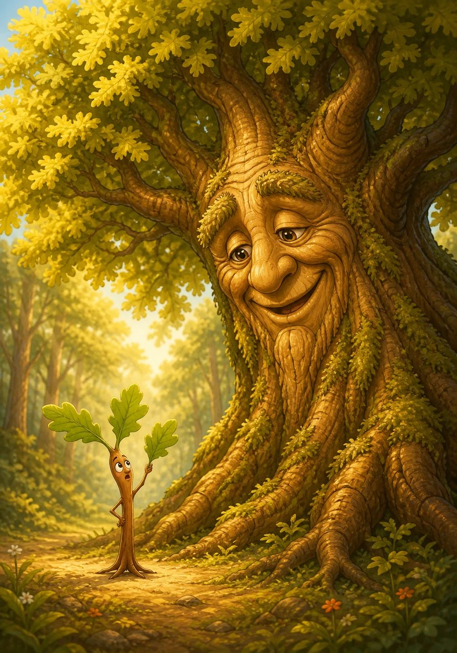 Next to Pip stood Barnaby, an ancient oak tree with a wide, mossy trunk and thousands of golden-green leaves. Barnaby listened kindly as Pip complained about how slow his leaves were growing today. With a warm chuckle that rumbled through the soil, Barnaby reminded little Pip that the grandest oak trees start with tiny, quiet moments.