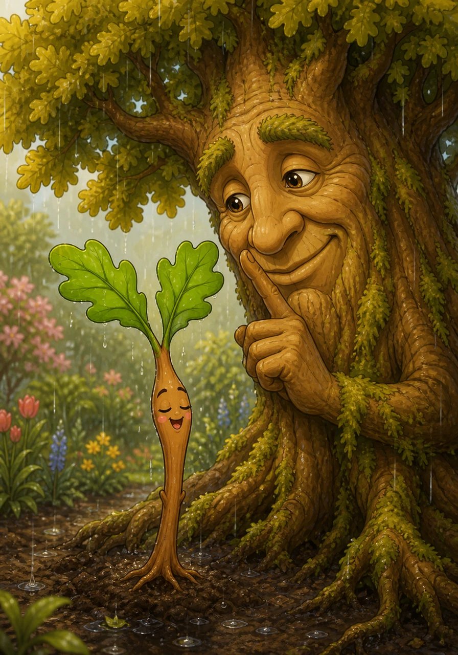 One bright spring morning, a gentle rain began to fall, tickling Pip’s stem with cool droplets. Pip tried to stretch as hard as he could, hoping the water would instantly make him grow three feet taller. Barnaby smiled and whispered to Pip to close his eyes and sip the sweet water slowly, letting his roots drink deeply into the dark earth.