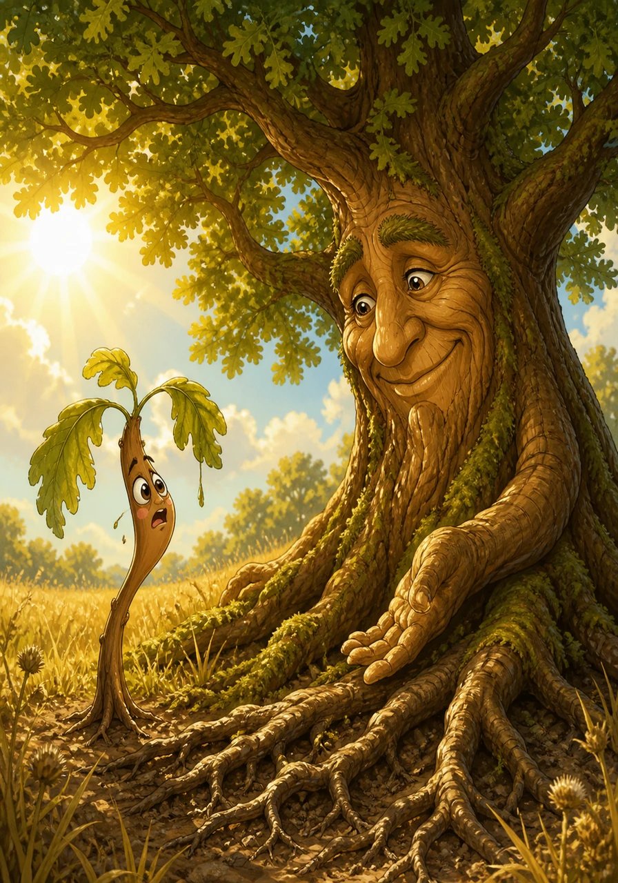 Soon, summer arrived, bringing scorching heat and bright afternoon sun across the meadow. Pip’s leaves felt heavy, and he grew frustrated that he was still not tall enough to reach the cool breeze high above. Barnaby spread his vast canopy over Pip, offering a cool shade while teaching him that growing roots beneath the ground was just as important as growing branches above.