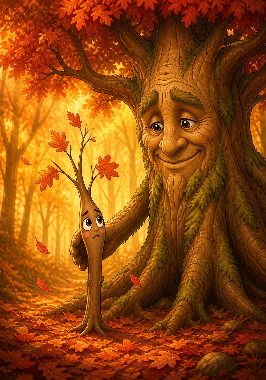 As autumn rolled in, the forest transformed into a glowing sea of red, orange, and amber gold. Pip watched in awe as his few leaves turned a brilliant copper shade before fluttering gently to the forest floor. He felt bare and worried, but Barnaby gently reassured him that letting go is a necessary part of getting ready for the new life to come.