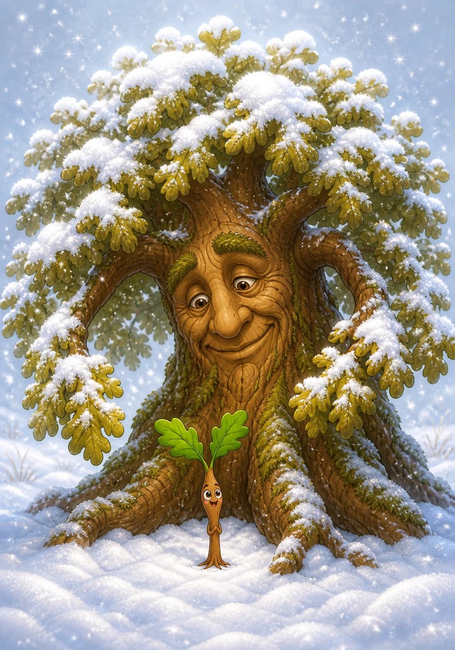 Winter covered the meadow in a soft, sparkling blanket of white snow. Pip shivered in the chilly wind, feeling tiny, quiet, and completely frozen in place. Barnaby rustled his sturdy branches, whispering through the frost that winter was a time for resting, dreaming, and gathering strength deep beneath the snow.
