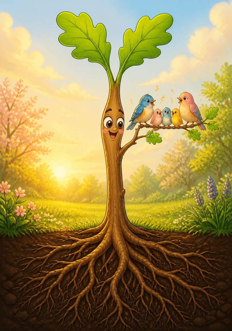 When spring returned with gentle sunshine, Pip burst open with fresh, vibrant green buds. He looked down at his roots, rooted firm and strong, and noticed he had grown a little higher than the year before. A family of songbirds landed gently on his young branch, filling the air with a beautiful morning melody.