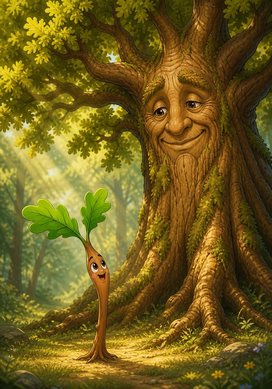 Pip beamed with pride, no longer feeling small or impatient about the years ahead. He looked up at Barnaby with gratitude, understanding now that every season held its own unique magic and purpose. He didn't need to hurry to reach the clouds because being a young sapling was wonderfully special too.