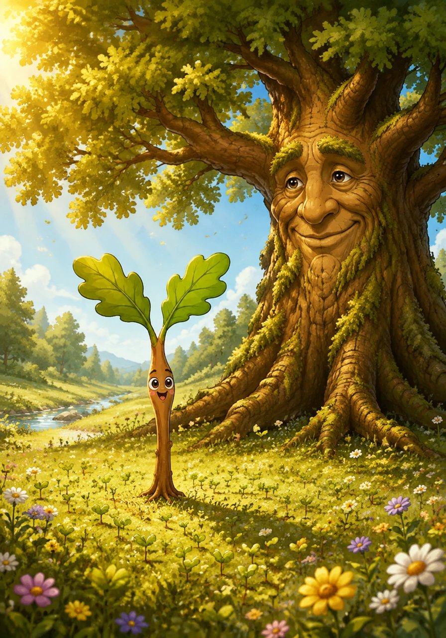 Under the warm golden sunlight, the old oak tree and the growing sapling stood happily side by side. Leaves rustled softly in the summer wind, whispering secrets of patience and grace to all the little sprouts waking up in the meadow. Pip smiled, knowing he was right where he belonged, growing at his own perfect pace.