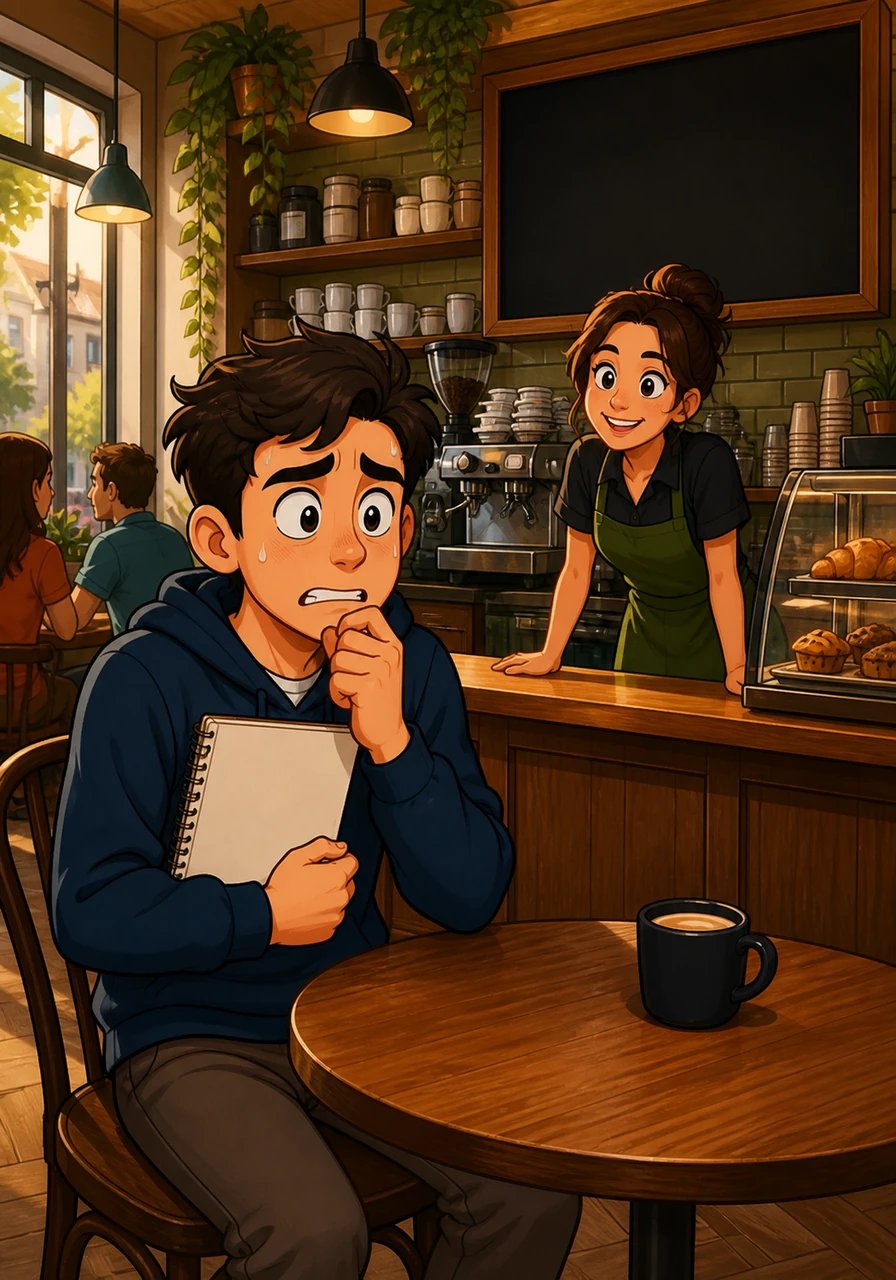 Mateo sits inside a sunlit city café, staring nervously at the menu board while clutching his notebook full of grammar rules. When the barista warmly asks, 'What can I get started for you today?', Mateo freezes, frantically translating every word in his head. Sweat stings his brow as he finally whispers a stiff, hesitant reply: 'Coffee, please.'