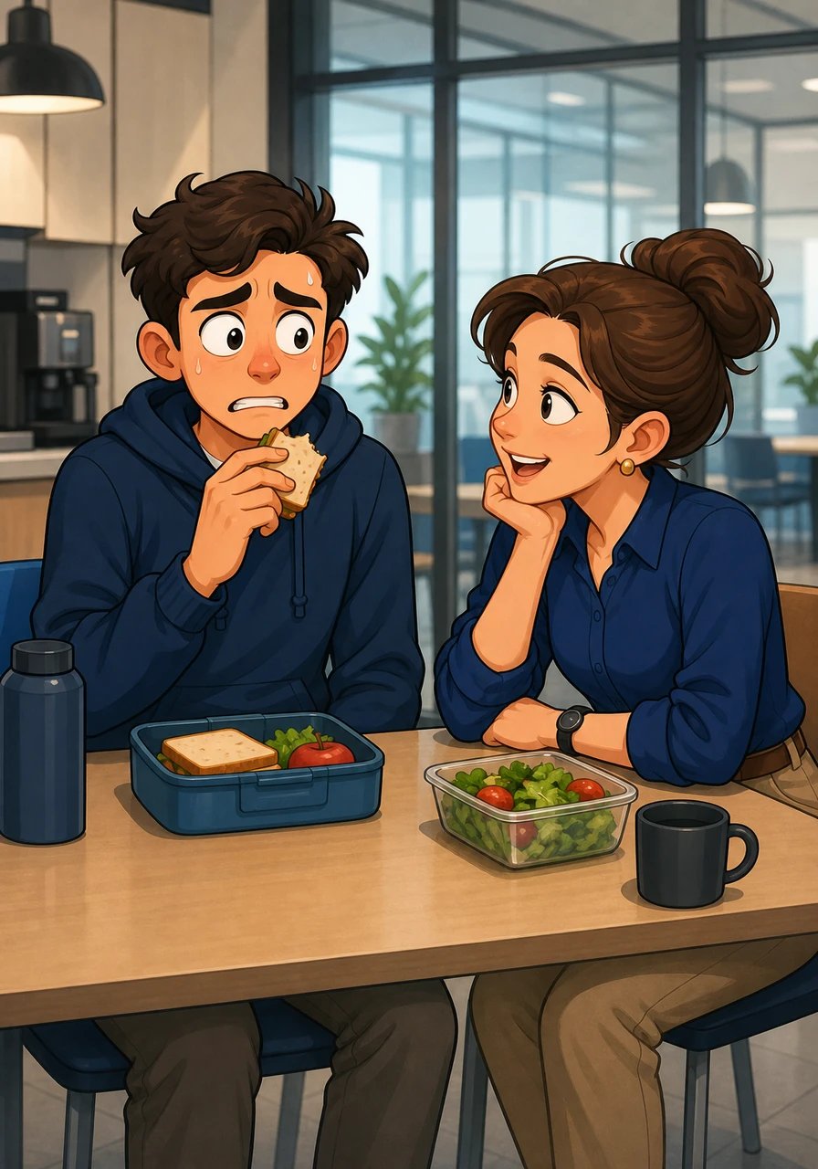 At his new graphic design office, Mateo eats lunch in the breakroom as his friendly coworker, Sarah, sits down across from him. 'How was your weekend, Mateo?' she asks with an easy smile. Mateo spends two long minutes mentally crafting a grammatically perfect sentence in his mind, only to realize the pause has become awkward and the moment has passed.