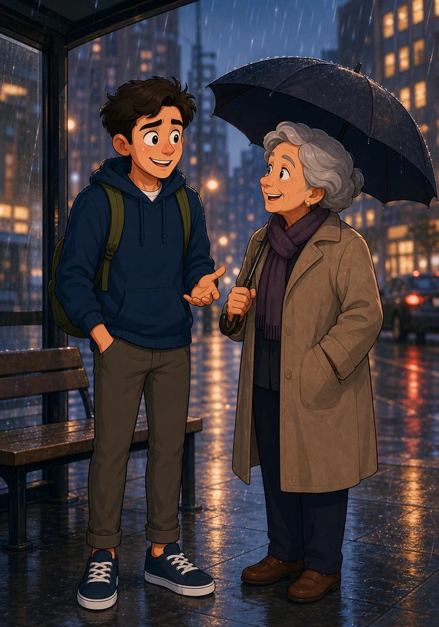 While waiting at a rainy downtown bus stop, an older neighbor turns to Mateo with a smile and says, 'Lovely weather, isn't it?' Mateo remembers that small talk in English isn't a grammar quiz, but a simple way to connect. He relaxes his shoulders and replies naturally, 'Yeah, super rainy, but I actually like it.'