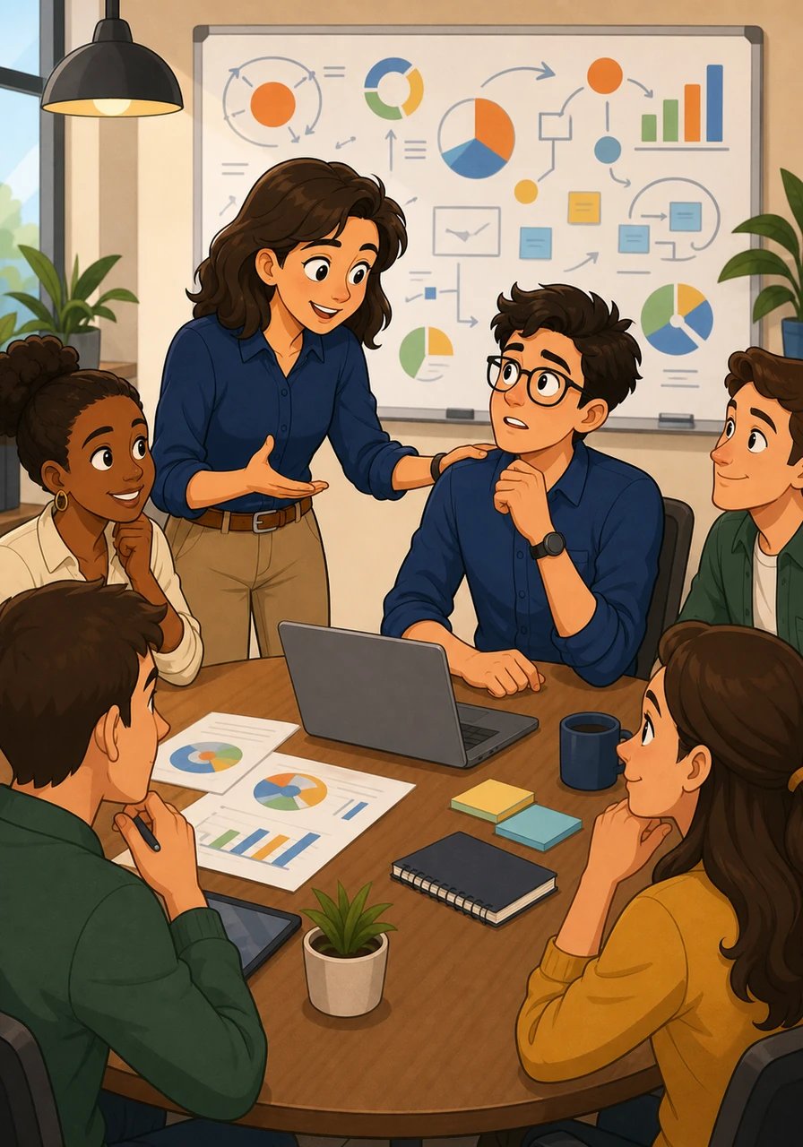 During a lively team meeting, Sarah suggests an idea and says, 'Let's go back to the drawing board.' Mateo feels a wave of confusion, but instead of staying silent out of shame, he bravely asks, 'Sorry, what does back to the drawing board mean?' Sarah warmly explains the idiom, making Mateo realize that asking questions builds trust rather than exposing weakness.