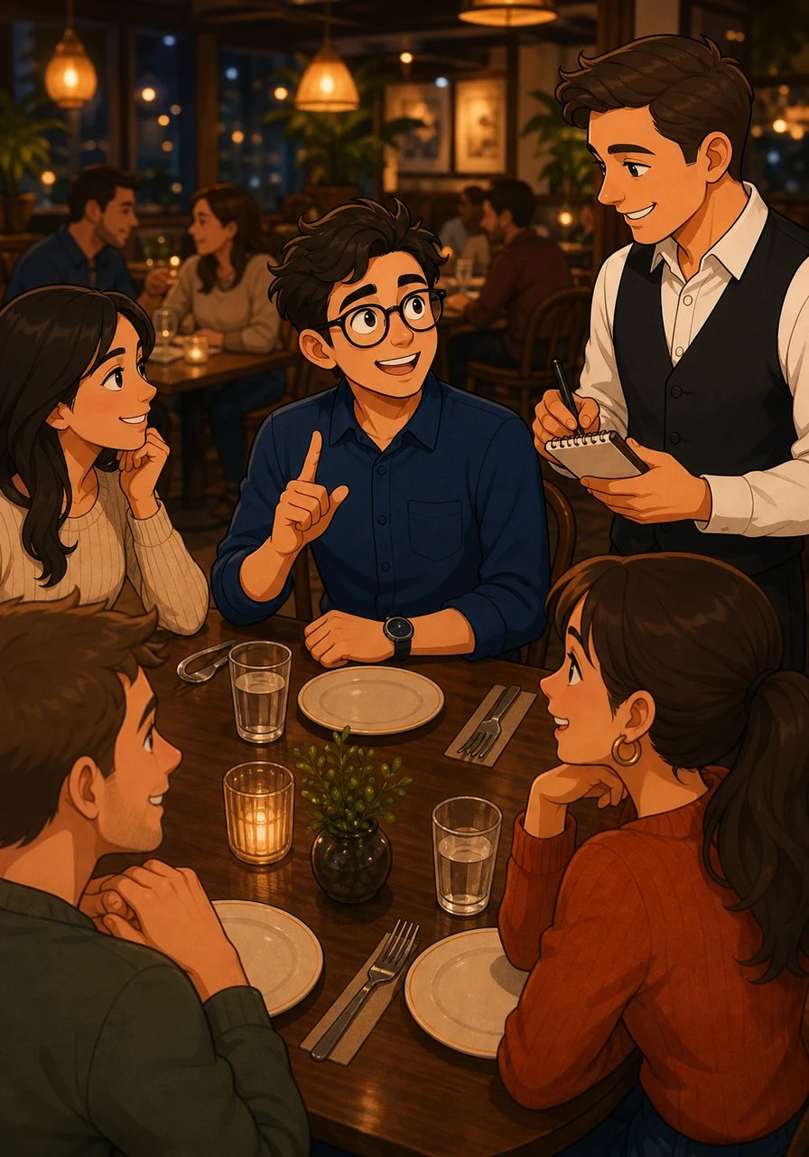 Out for dinner with his team after work, Mateo observes how his friends order food with casual politeness. When the waiter arrives, Mateo avoids translating word-for-word from his native language and uses a smooth, natural phrase instead: 'Could I please get the grilled chicken sandwich?' The waiter nods cheerfully, boosting Mateo's confidence.