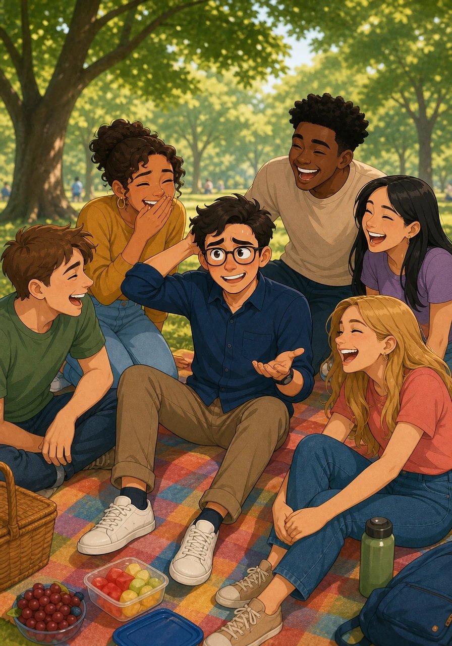 During a weekend picnic in the park, Mateo tries to describe his Saturday routine but accidentally says he 'cooked his shoes' instead of 'cleaned his shoes.' The group bursts into gentle laughter, and Mateo smiles, realizing that making a mistake isn't a disaster, but a fun moment that brings people closer.