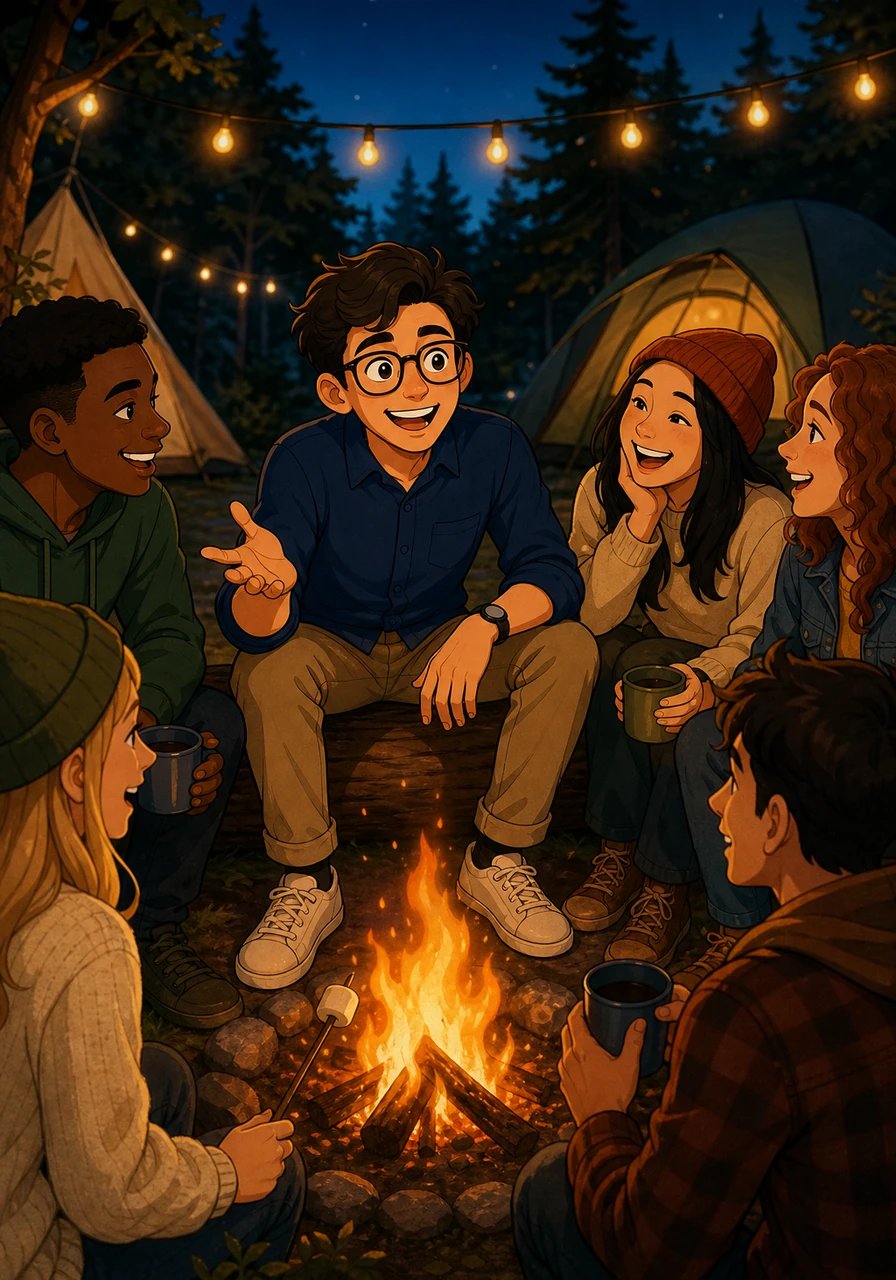 Gathered around a crackling evening bonfire with international friends, Mateo finds himself engaging in deep conversations, exchanging funny anecdotes, and understanding subtle humor effortlessly. He no longer translates sentences in his mind before speaking; he thinks directly in English and feels the natural rhythm of the language flow.