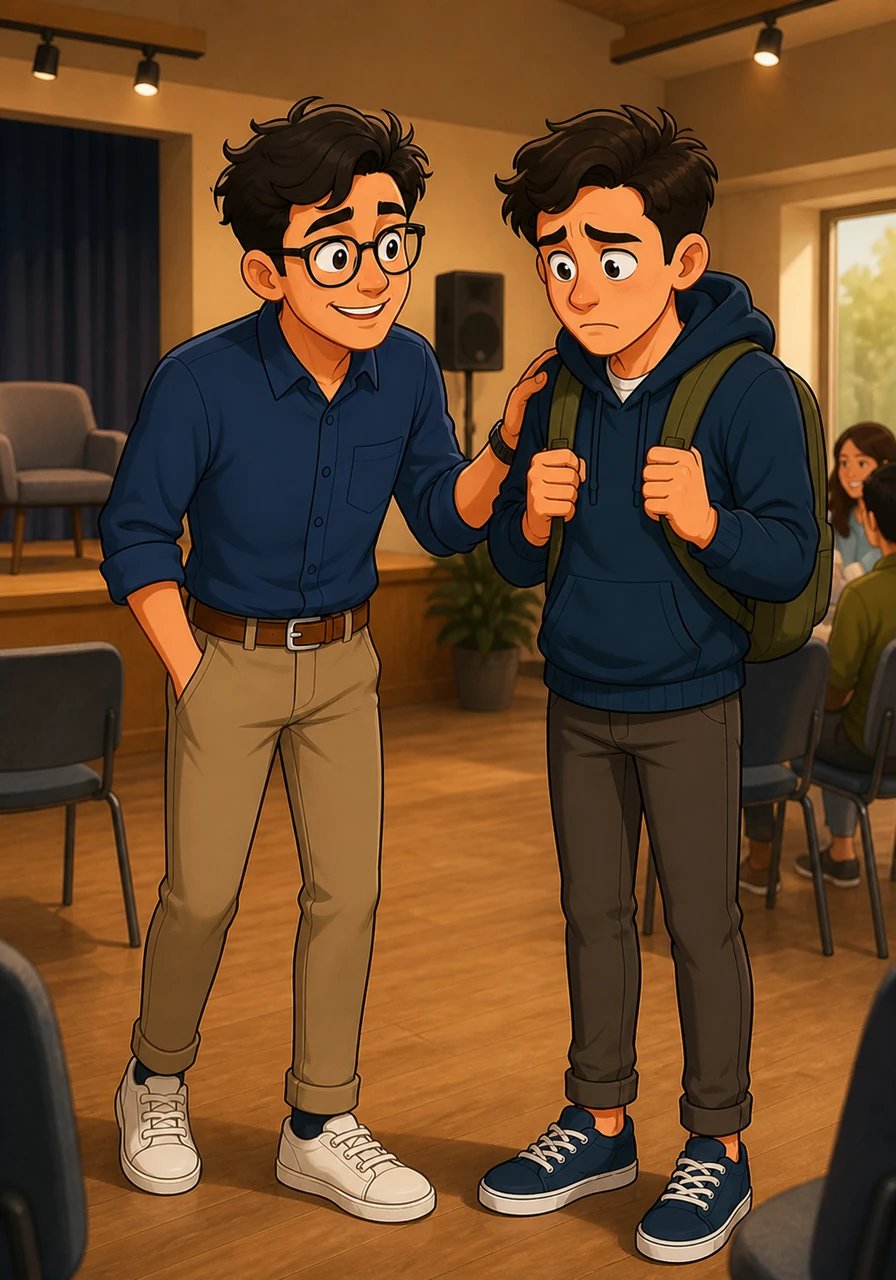 After delivering a successful presentation at a community center, Mateo notices a new English student standing nervously in the corner, afraid to speak. Mateo approaches with a reassuring smile and says softly, 'Fluency isn't about speaking perfect English; it's about having the confidence to share your story.'