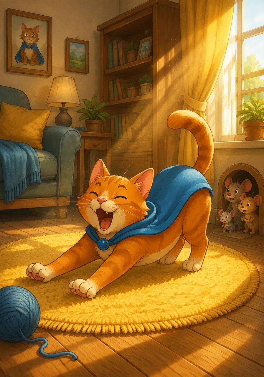 By day, Barnaby looks like the lazy ginger cat sleeping peacefully on the yellow living room rug. He spends hours yawning, chasing fleeting sunbeams across the floorboards, and purring softly whenever his chin is scratched. No one in the house would ever suspect that beneath his sleepy eyes lies the heart of a grand hero.