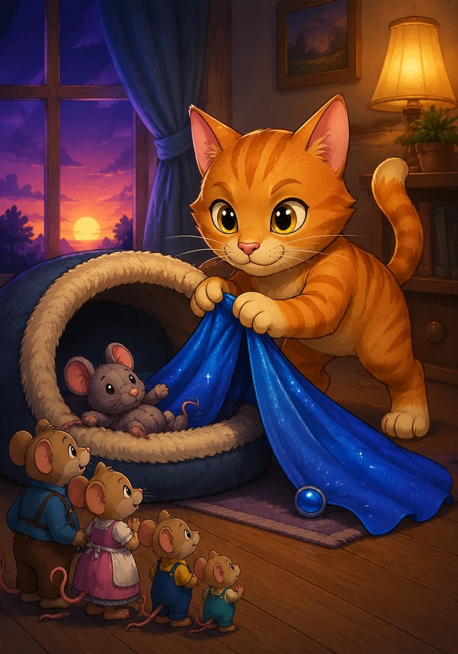 As the golden sun dips below the horizon and twilight paints the sky in deep shades of purple, Barnaby wakes up with a spark in his eye. He trots over to his cozy cat bed, nudges aside his favorite plush mouse, and pulls out a hidden shimmering blue cape. With a quick flick of his tail, the ordinary house cat transforms into the legendary Midnight Paw.