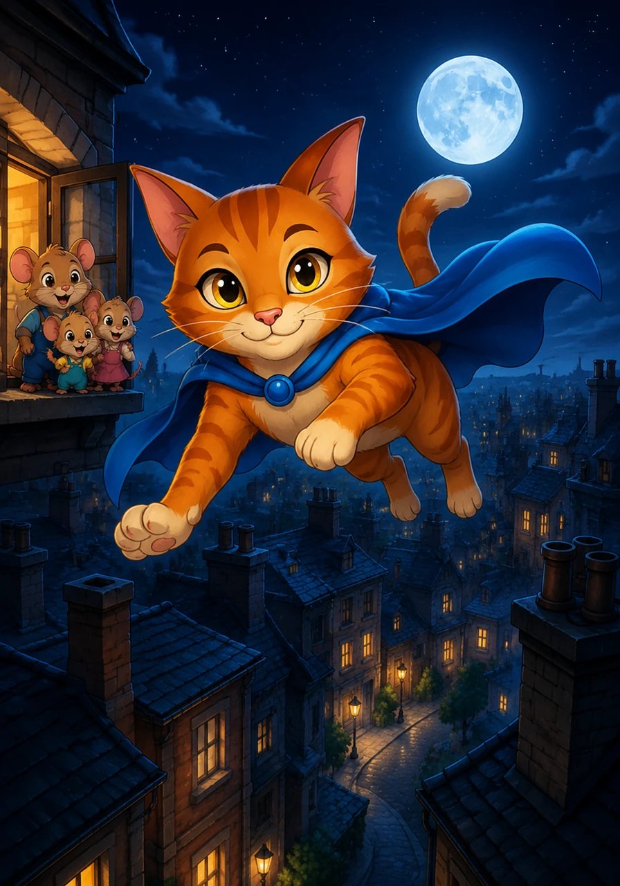 Midnight Paw leaps silently onto the open windowsill and slips out into the crisp night air. He bounds gracefully across the moonlit rooftops, his blue cape fluttering in the gentle evening breeze. High above the sleeping city, his bright golden eyes scan every dark alley and quiet street below.