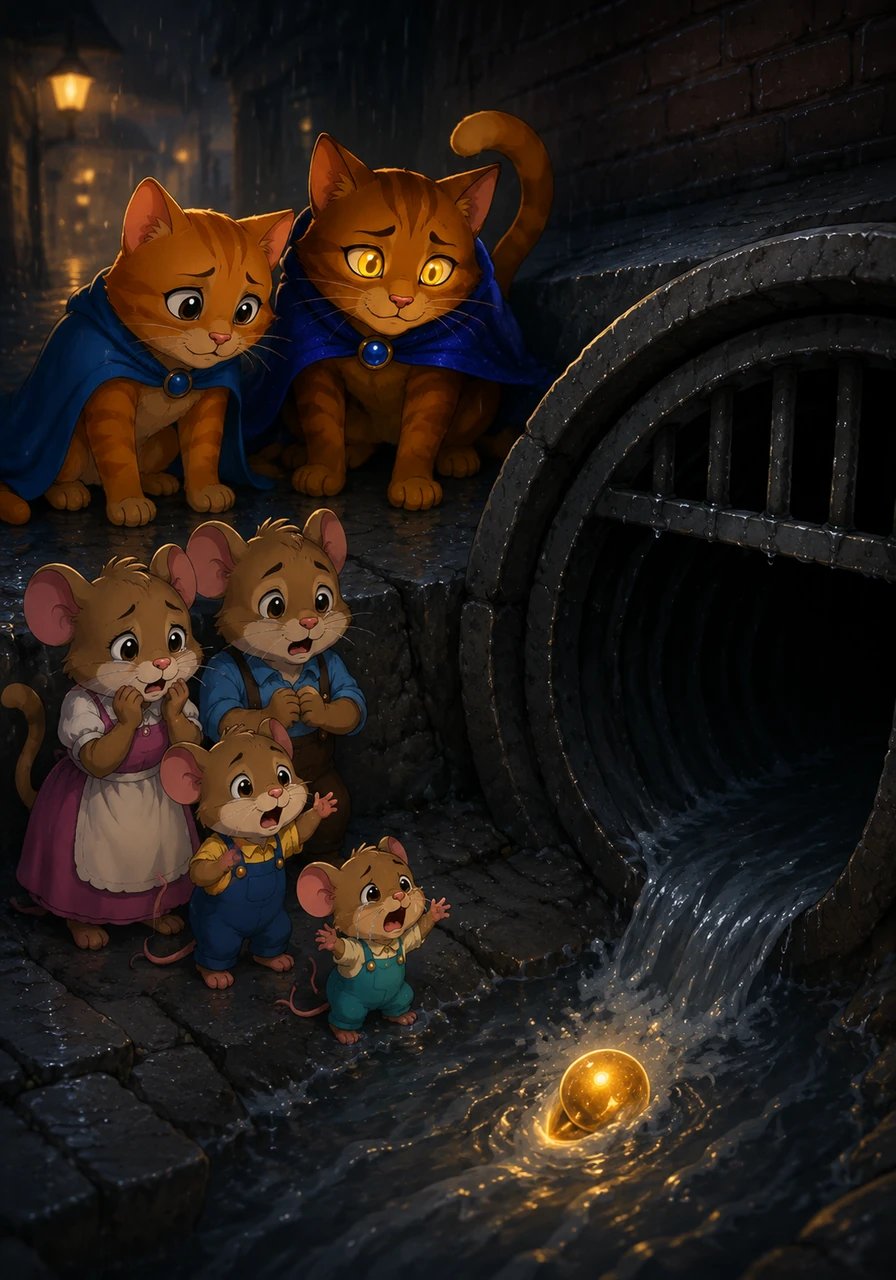 Down near the old bakery alley, a tiny family of field mice cries out in distress. Their glowing glass marble—the warm light source for their tiny underground home—has slipped down a deep, shadowy storm drain. The frightened creatures shiver in the dark, worried they will never see their cherished treasure again.