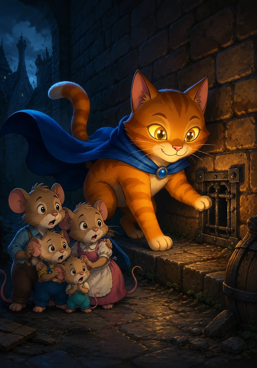 Swooping down from a high brick wall, Midnight Paw lands silently right beside the panicked mice. He gives them a reassuring nod, his glowing eyes cutting through the gloom with a warm, friendly light. With a confident posture, he steps up to inspect the narrow iron grate.
