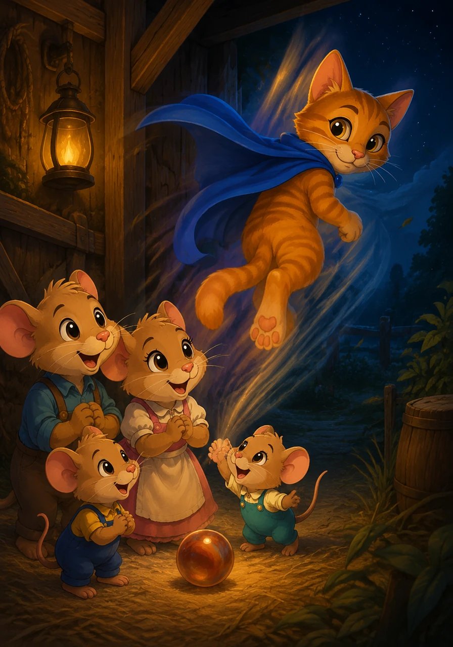 The mouse family squeaks with overwhelming joy as Midnight Paw gently rolls the warm marble back to them. The littlest mouse touches his velvet paw in heartfelt gratitude. Before they can even say thank you, the mysterious feline hero leaps back up into the shadows, leaving behind only the whisper of a breeze.