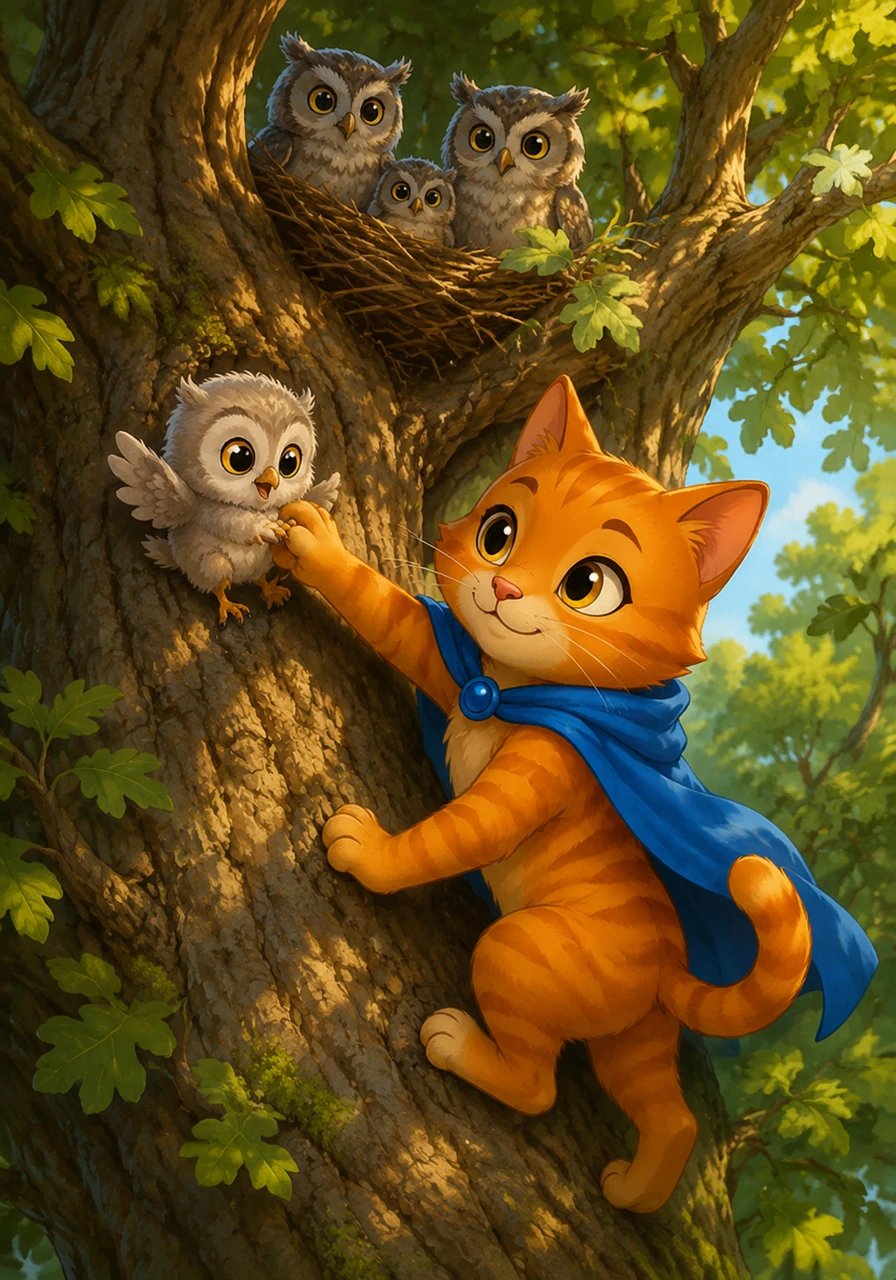 On his patrol back toward home, Midnight Paw hears a frantic flutter in the branches of a grand old oak tree. A baby screech owl has slipped from its nest and is struggling to climb back up the steep bark. With gentle nudges and steady paw-steps, Midnight Paw guides the fluffy chick safely back to its feathery family.