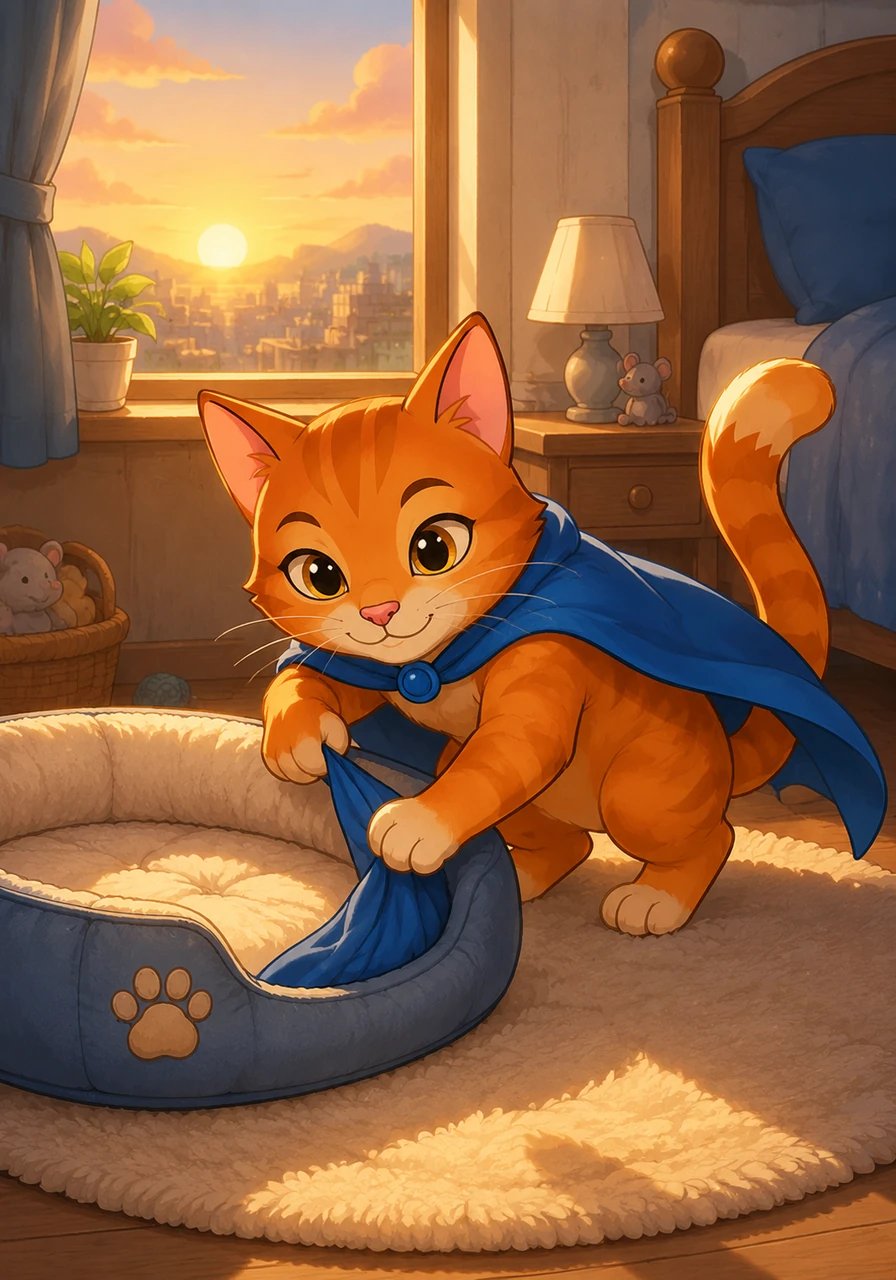 As the first rays of morning sun break over the distant hills, the city begins to stir awake. Midnight Paw dashes across the quiet rooftops, leaping through his bedroom window just in the nick of time. He carefully hides his blue cape under his cat bed and settles back onto his favorite sunlit rug.