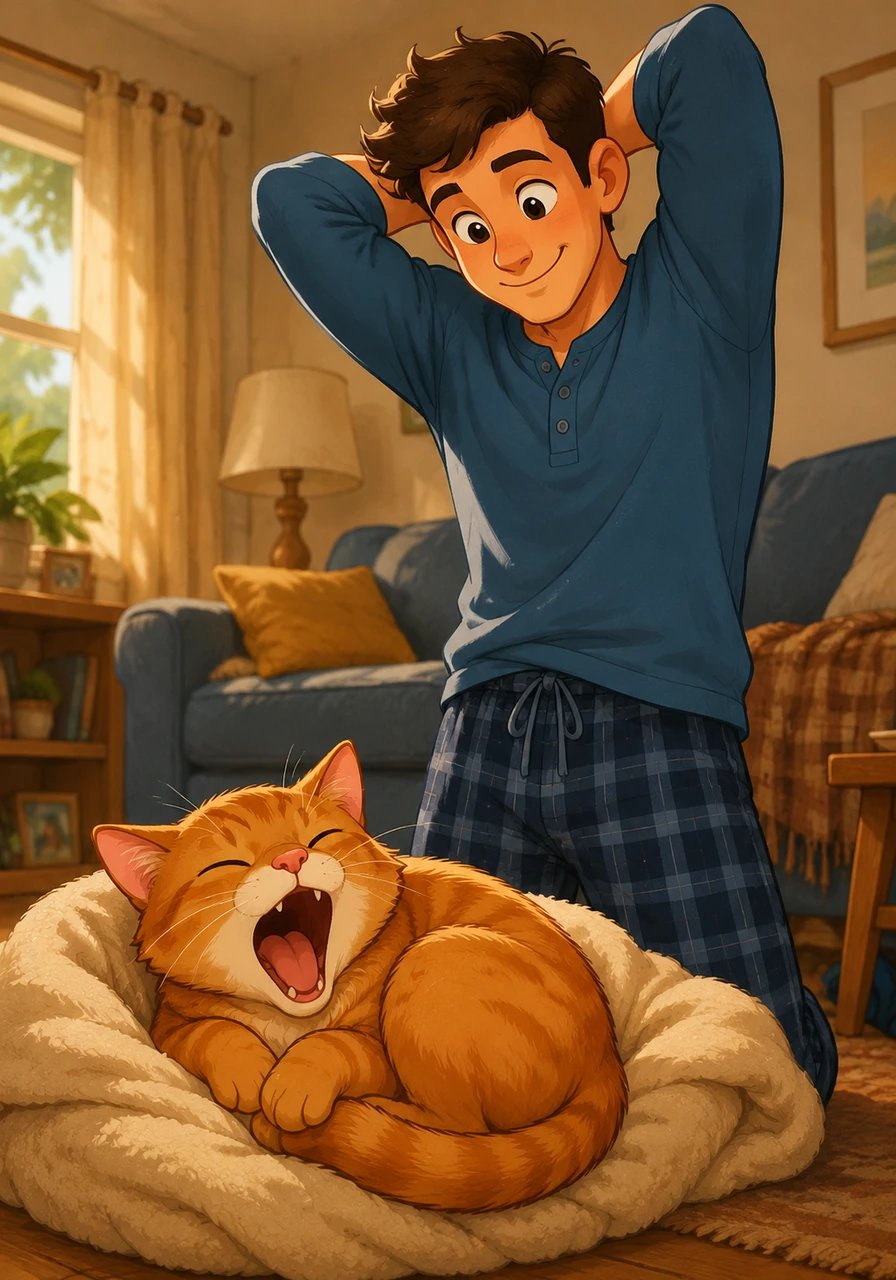 Barnaby's owner stretches, walks into the living room, and smiles down at the sleepy ginger cat. Barnaby lets out a long, dramatic yawn and lazily curls into a tight ball, looking like he hasn't moved all night. Little does anyone know, the quietest nap belongs to the city's greatest protector.