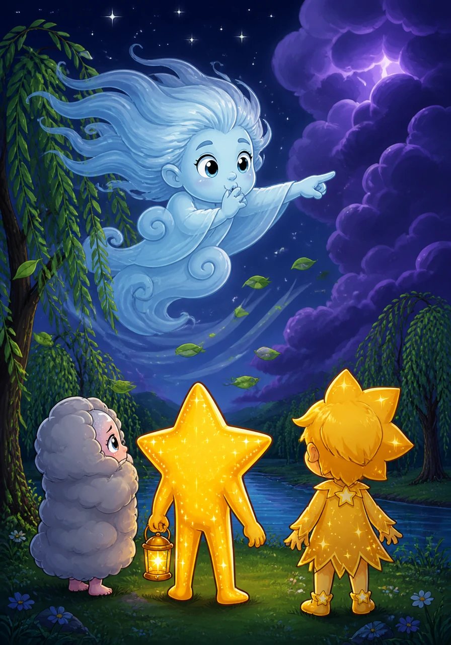 They met the gentle Night Wind, who was busy ruffling the leaves of the willow trees. The Wind whistled a soft melody and pointed his breezy fingers toward a cluster of tall, purple thunderclouds.