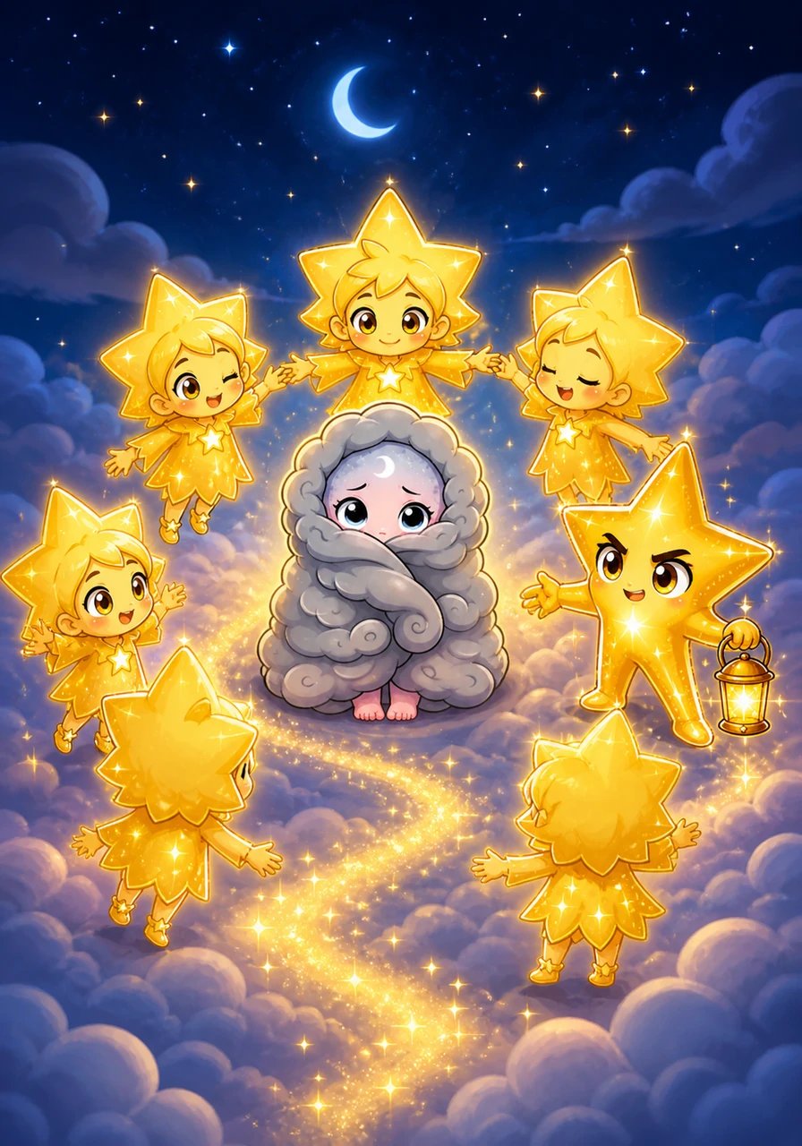 The stars decided to help Luna feel brave by gathering in a circle and singing a gentle celestial lullaby. Their rhythmic twinkling created a sparkling path of light that danced across the surface of the clouds.