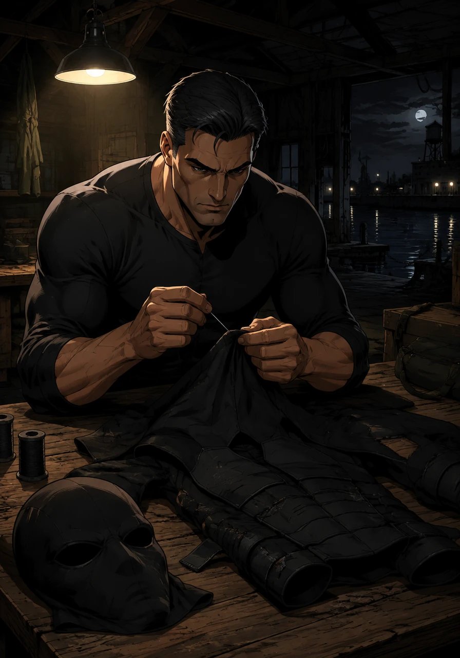 Deep inside a secluded waterfront warehouse, Marcus transforms his bitter sorrow into strength through relentless physical training. In the dim light, he carefully stitches together a sleek, homemade all-black suit paired with a simple black fabric mask. Under the cover of darkness, The Hood is born from shadow and resolve.