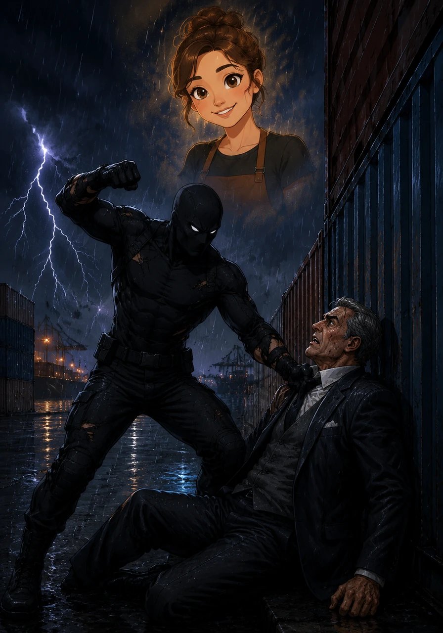 Dressed as The Hood, Marcus corners the corrupt patriarch inside a rain-swept container yard while thunder echoes across the bay. Fueled by years of suppressed rage, he pinpoints his enemy, ready to exact final retribution for the past. But as he raises his fist, Maya's laughing face flashes in his mind, freezing him in his tracks.